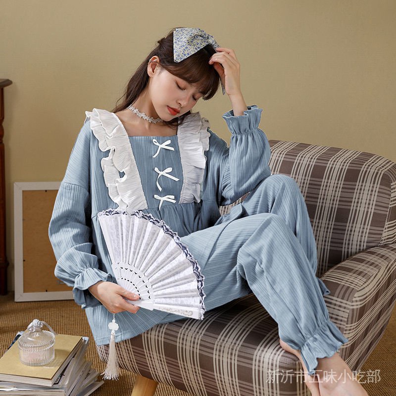 Bộ Đồ Ngủ Chất Cotton Tay Dài In Họa Tiết Dễ Thương Thời Trang Thu Đông Cho Nữ