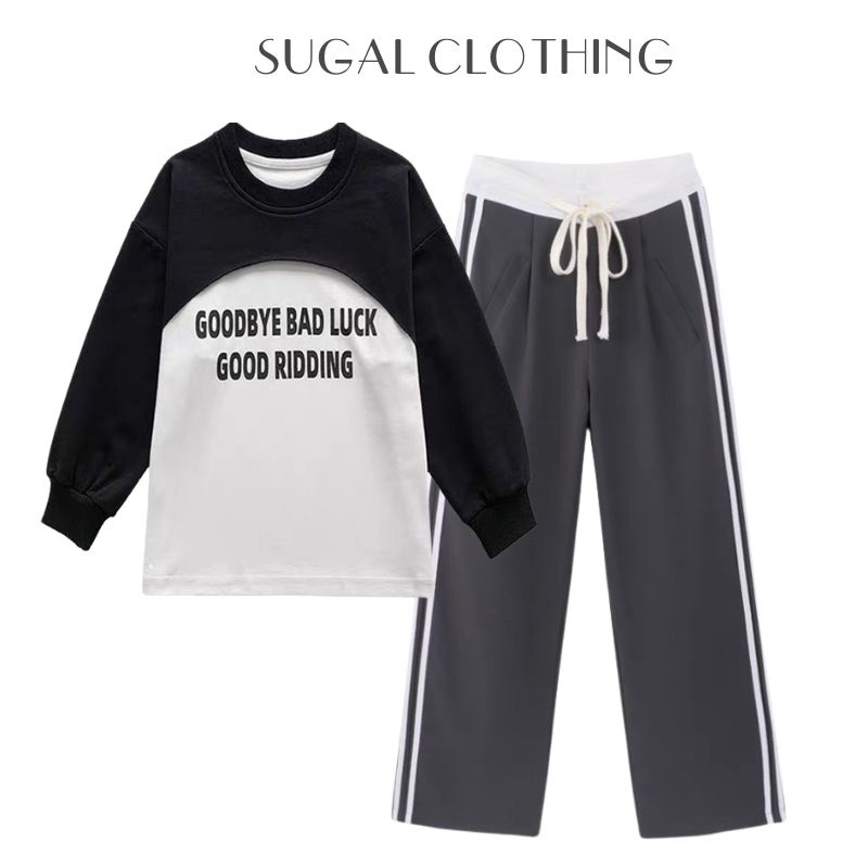 Set Bộ Đồ Nữ Áo Thun Dài Tay Dáng Rộng In Chữ Phối Quần Ống Suông Kẻ Sọc Thời Trang Sugal TOP NU 055 + QUAN NU 040
