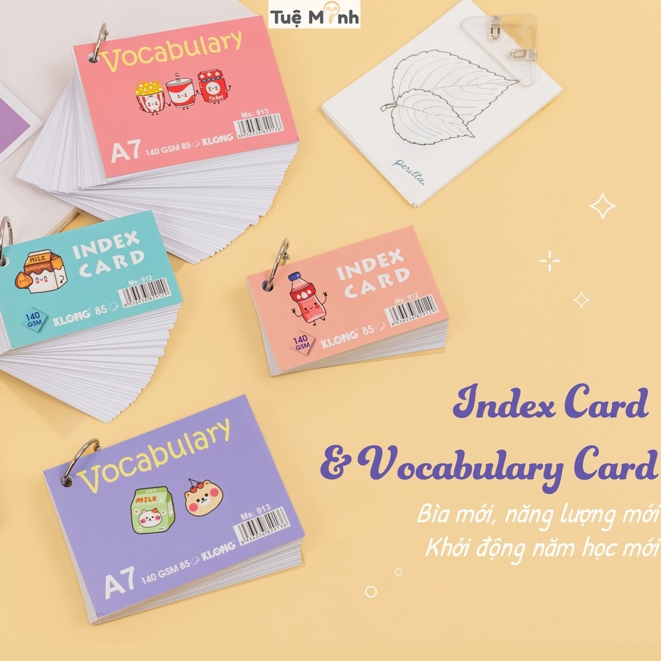 Tập thẻ Index Card Vocabulary học ngoại ngữ Toán hóa tiện lợi VPPTUEMINH, Thẻ ghi nhớ Klong