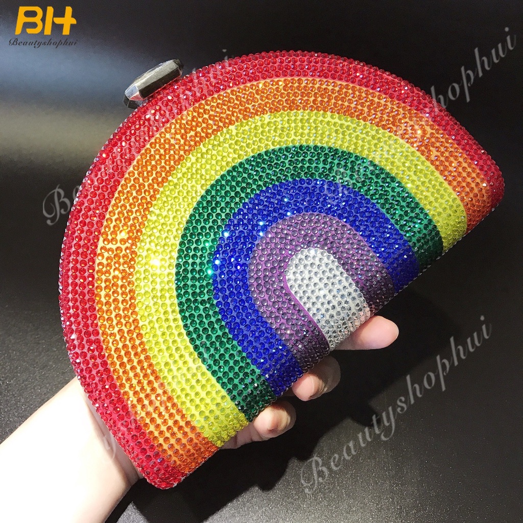 Túi Xách Đeo Chéo Hình Chữ D Đính Đá Màu Cầu Vồng Dành Cho Nữ