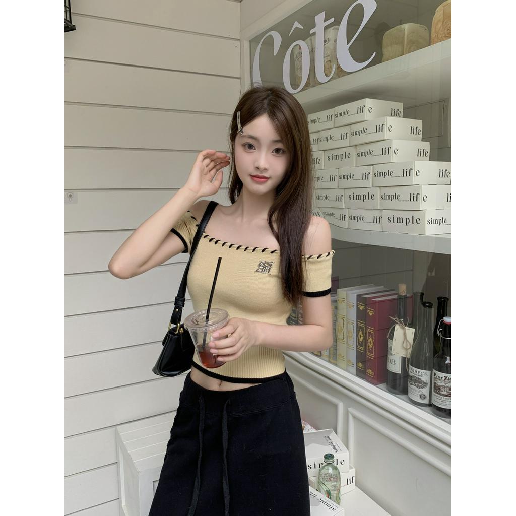 Áo Thun Dệt Kim Trễ Vai Màu Sắc Tương Phản Thời Trang Mùa Hè 64211