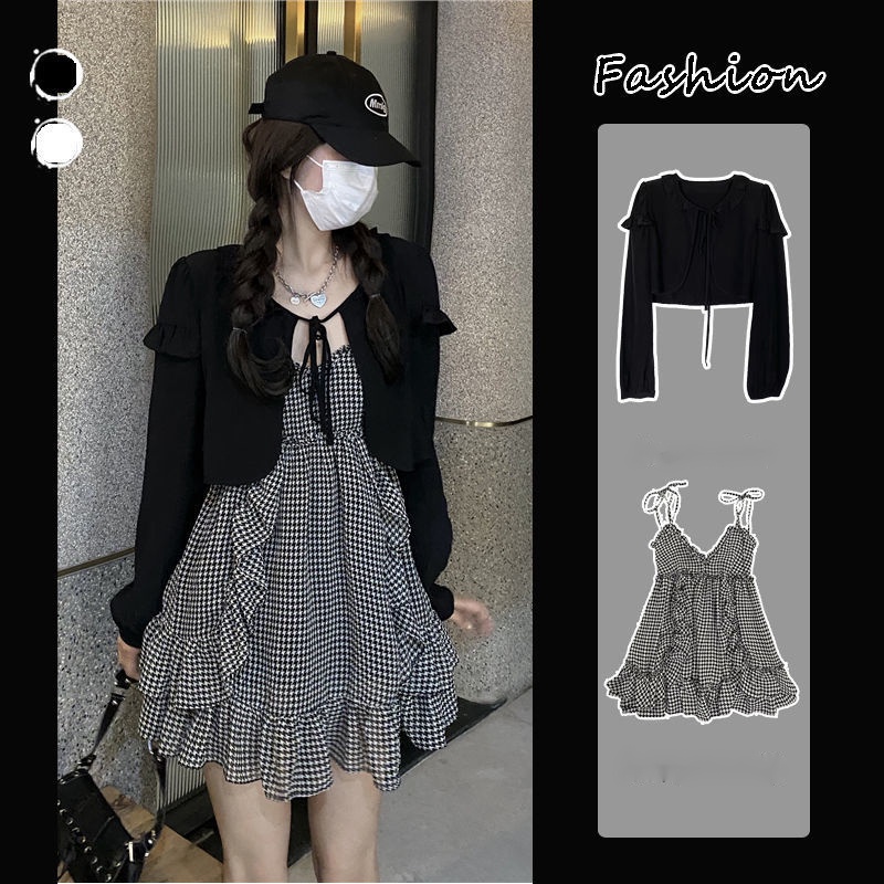 Set Áo Khoác Cardigan Dài Tay Và Đầm Hai Dây Họa Tiết Ca Rô Thời Trang Dành Cho Nữ