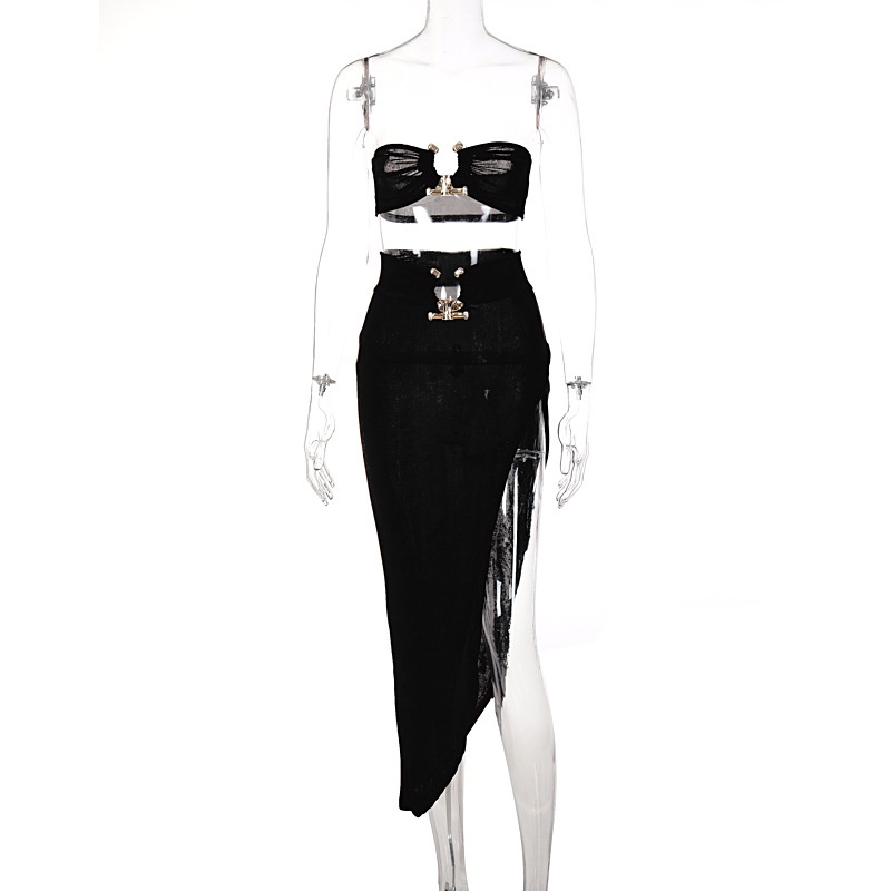 Set 2 Món Gồm Áo Ống Croptop Trễ Vai Và Chân Váy Xẻ Tà Quyến Rũ Cho Nữ