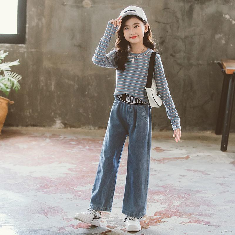 Quần Jeans Dài Ống Rộng Thời Trang Đáng Yêu Xinh Xắn Cho Bé Gái