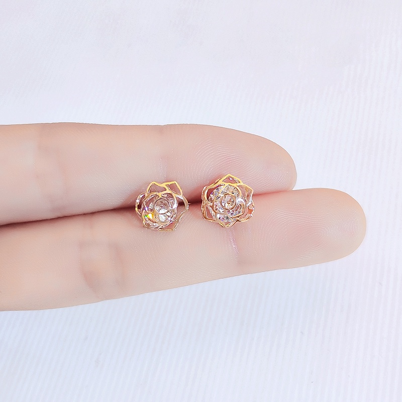 [Jiudolan] Bông Tai Hoa Hồng Đính Đá Zircon Sáng Bóng Thanh Lịch