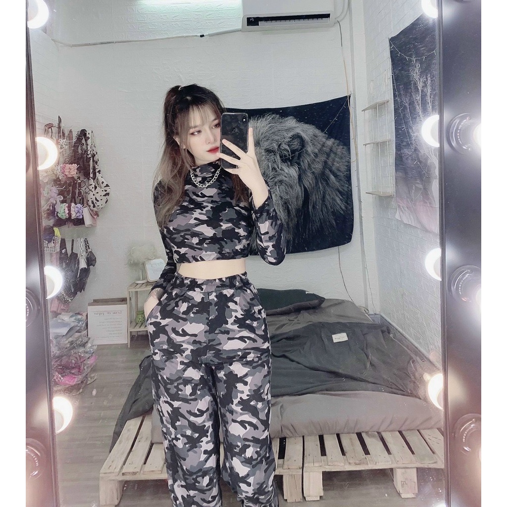 Set bộ áo croptop tay dài quần dài màu rằn ri xinh cá tính tv