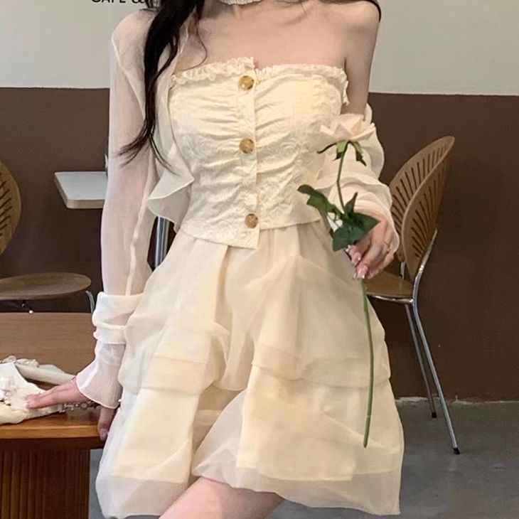 Đầm Ôm Dáng Hở Vai Phối Lưới Thiết Kế Ngọt Ngào Nữ Tính