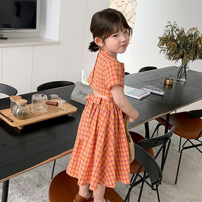 Đầm Xòe Ngắn Tay Họa Tiết Ca Rô Xinh Xắn Dành Cho Bé Gái