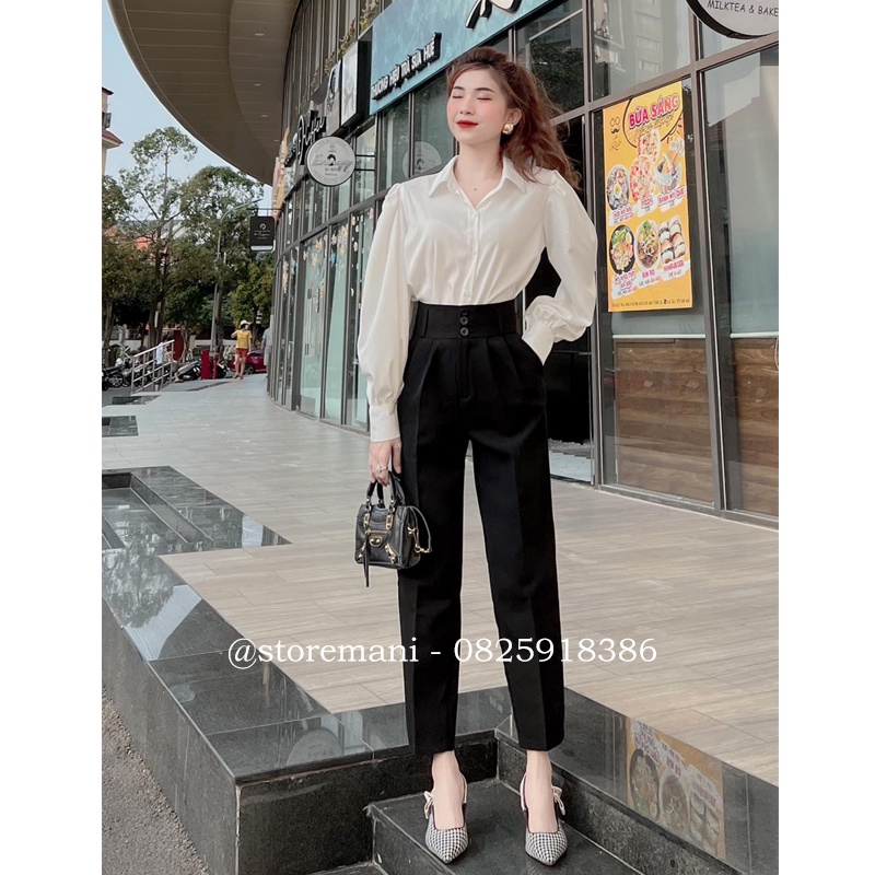 Quần Baggy cạp cao nữ phối 3 cúc bản to cực tôn dáng - chất tuyết mưa màu đen - kem mặc đi làm công sở học đều đẹp