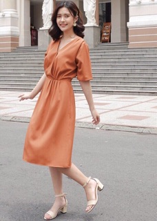 Đầm cam xếp li eo, váy dạo phố vnxk (kèm hình thật)