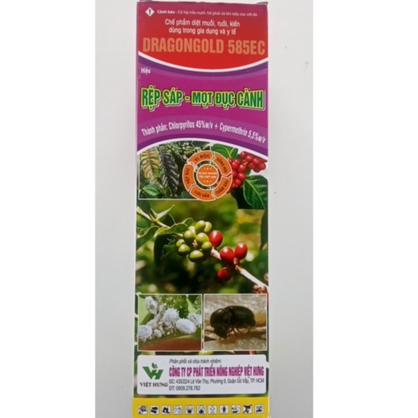 CHẾ PHẨM DRAGON GOLD 585EC.Là chế phẩm diệt côn trùng thế hệ mới, phổ rộng, tiếp xúc, vị độc, xông hơi,.. Thể tích 450ml