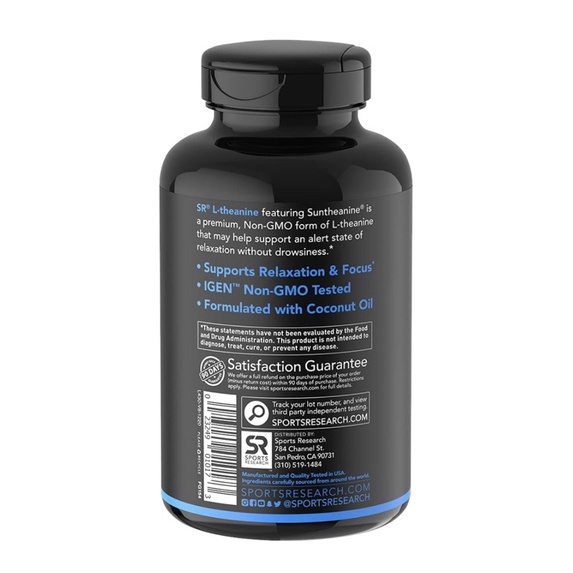 Viên uống L-Theanine 200mg Sports Research hữu cơ thuần chay bổ não giảm stress tăng tập trung 60 viên USA