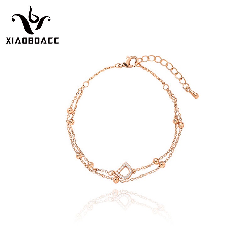 XiaoboACC Vòng tay hai lớp bằng zircon mạ vàng 18k họa tiết chữ D màu vàng hồng dành cho nữ - 17.5CM+3.5CM