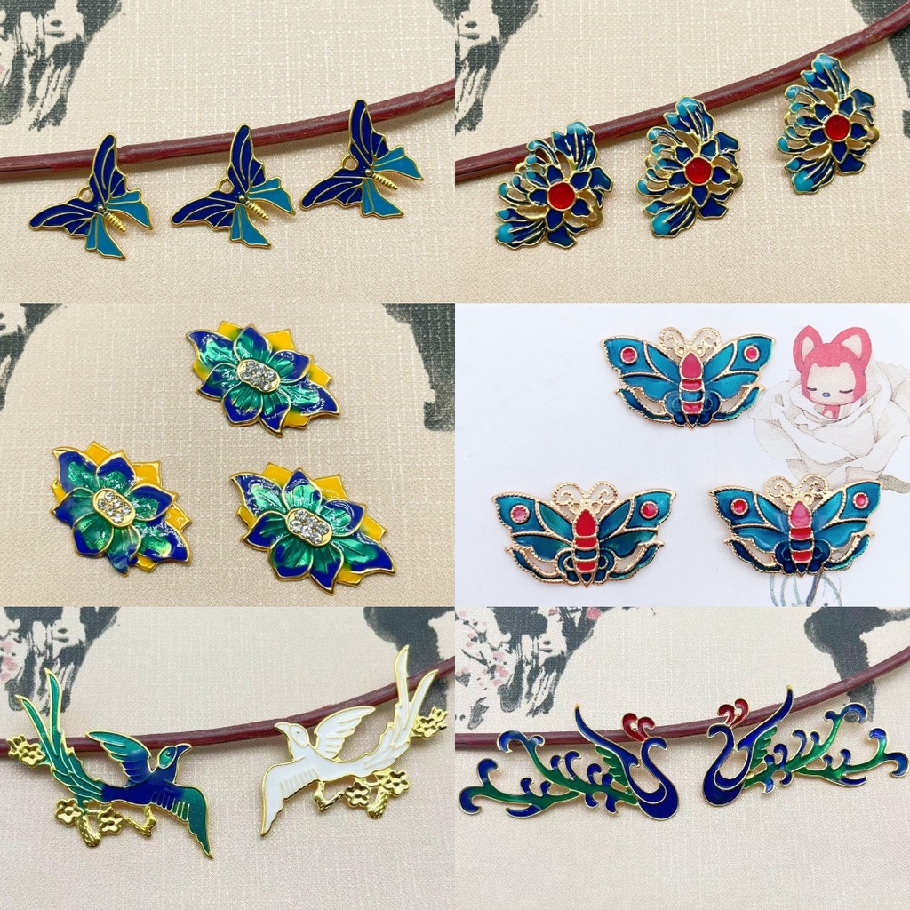 1 cặp Phiến KIm Loại màu xanh Cảnh Thái hình hoa bướm én phượng hoàng các kiểu - Phụ kiện nguyên liệu trang sức thủ công
