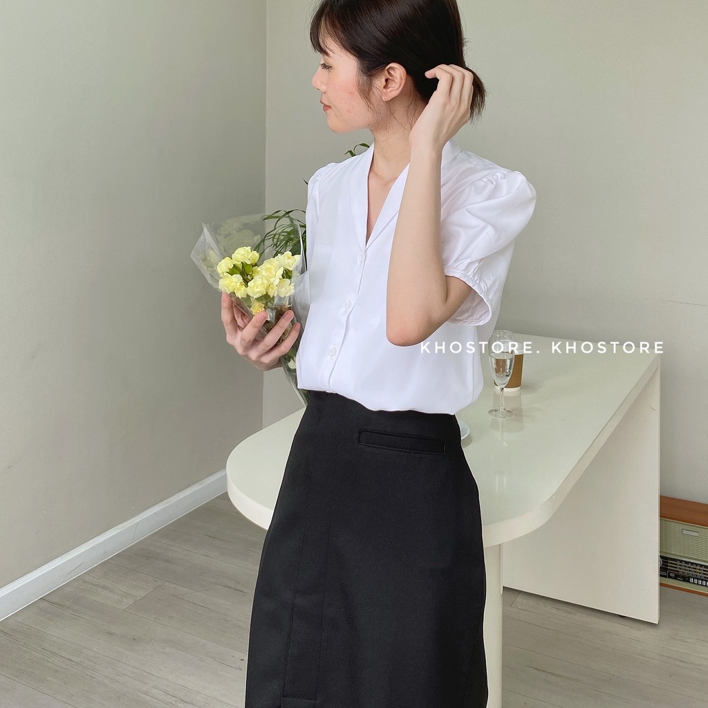 Áo sơ mi nữ kiểu tay ngắn, sơ mi cổ sam form suông thời trang công sở A2716