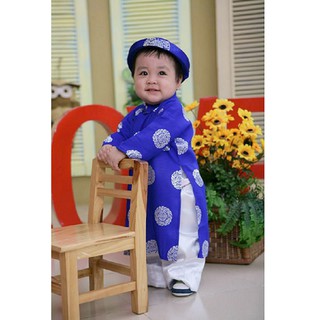 Áo Dài Trẻ em Gấm Thái Tuấn bé TRAI XANH XU (gồm Áo, Quần, Nón)