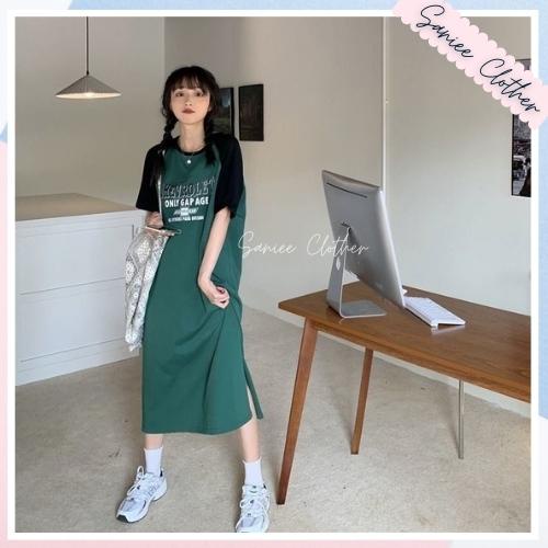 Váy thun nữ dáng suông cổ tròn ulzzang đầm xuông nữ form rộng tay lỡ phối màu thoáng mát năng động Saniee Clother