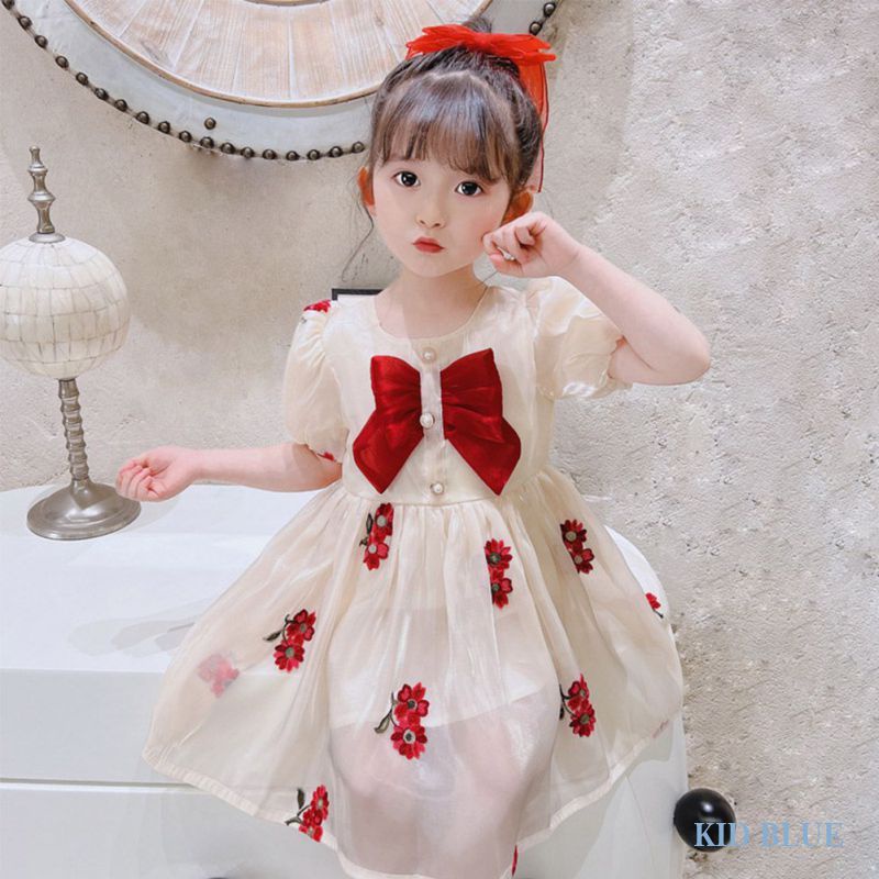 Đầm Công Chúa Tay Phồng Phối Lưới Thêu Hoa Đính Nơ Ngọt Ngào Cho Bé Gái