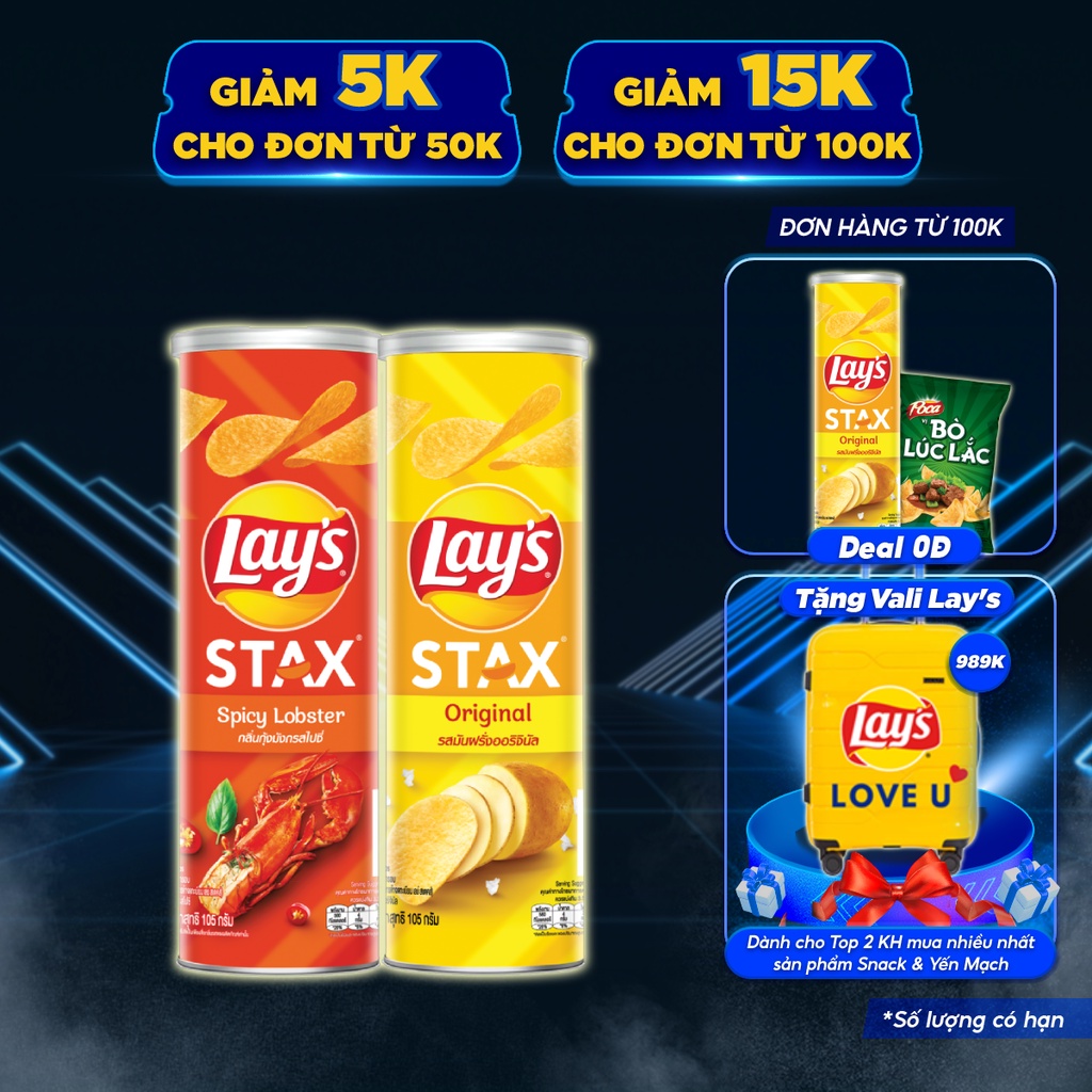 Combo 2 Snack Khoai Tây Ống Lay's Stax Mix 105g/hộp vị : Khoai Tây Tự Nhiên và Tôm Hùm Nướng Ngũ Vị