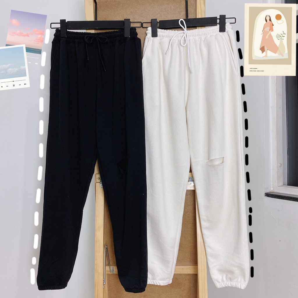 [sale] Jogger nỉ trơn rách freesize dưới 50kg