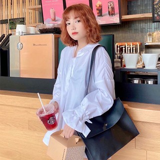 TINGOAN® HCM - Áo sơmi cổ đổ tay nơ chống nhăn trắng LONDON BLOUSE BASIC FREESIZE