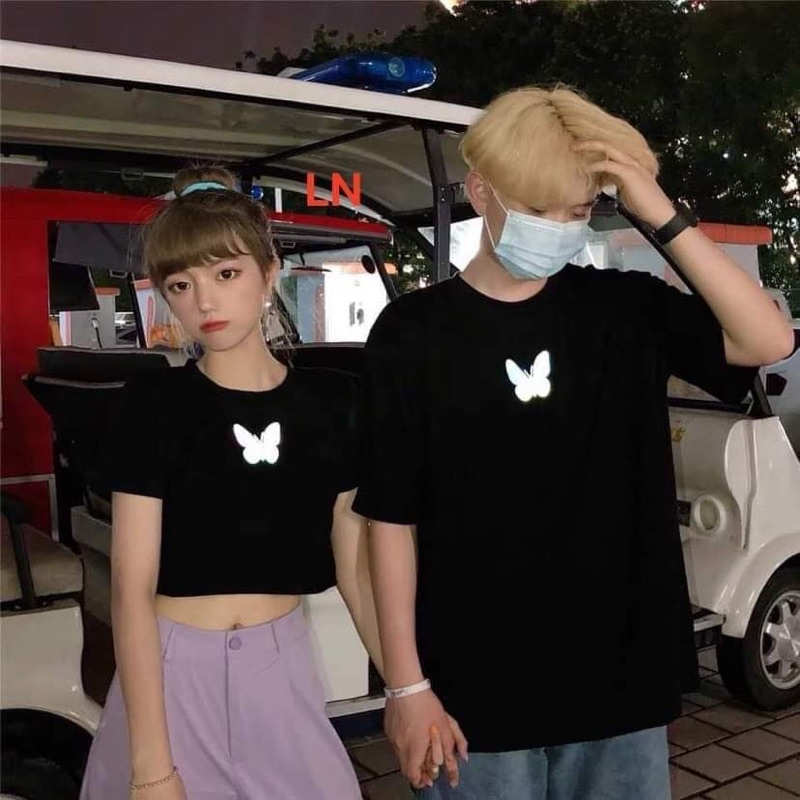 Set 2 áo đôi nam nữ croptop và Sweaters in lô gô bươm phản quang