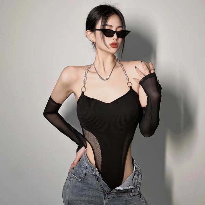 Jumpsuit Lưới Dây Xích + Áo Dệt Kim Chui Đầu Dáng Ôm Thời Trang Cho Bạn Gái