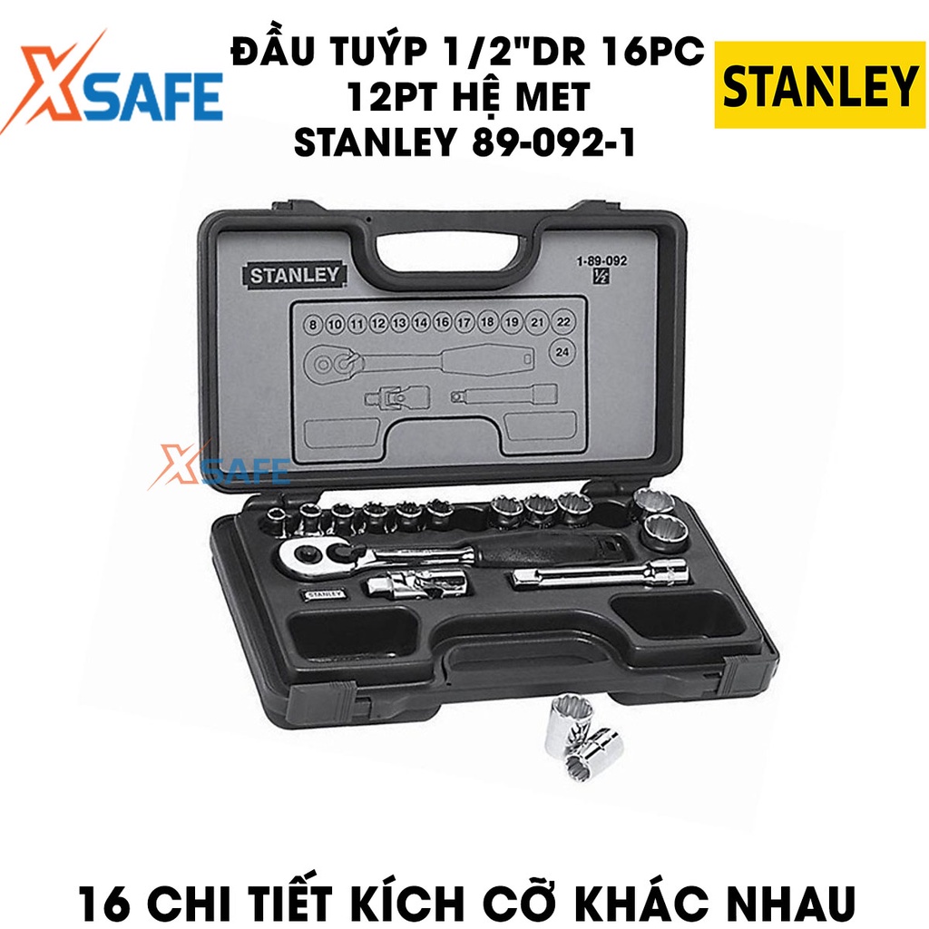 Đầu tuýp 1/2 inch DR 12PT HỆ MET STANLEY 89-092-1 16 chi tiết, đầu tuýp 12 góc, thép CR-V cứng cáp, không gỉ chính hãng