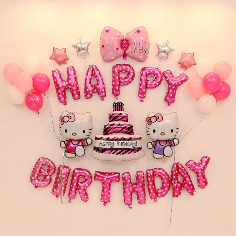 Set bóng trang trí sinh nhật cho bé chủ đề Kitty (Băng dính + ruy băng) #TrangTriSinhNhat