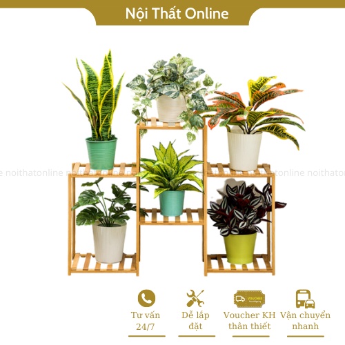 Kệ để cây cảnh nhiều ô lạ mắt bằng gỗ tre tự nhiên trang trí sân vườn