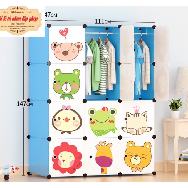 FREESHIP 99K TOÀN QUỐC_Tủ nhựa lắp ghép quần áo 12 Ô sâu 47cm ( màu xanh dương cửa mèo bay). Tặng 2 móc treo đồ.