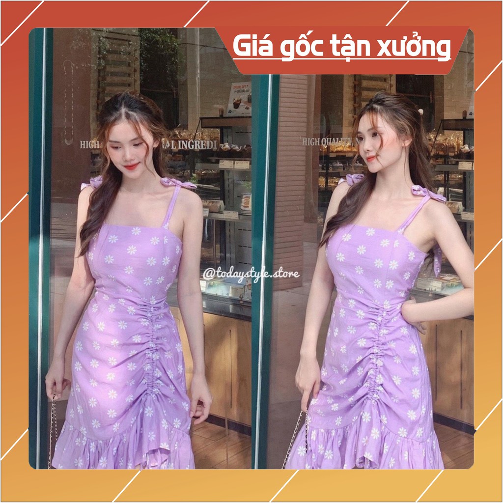 [giảm giá] (có đệm ngực) VÁY HOA 2 DÂY BUỘC NƠ ĐUÔI CÁ DÚM MÀU TÍM XANH - ĐẦM RÚT DÂY ĐÙI HOA CÚC XANH TÍM