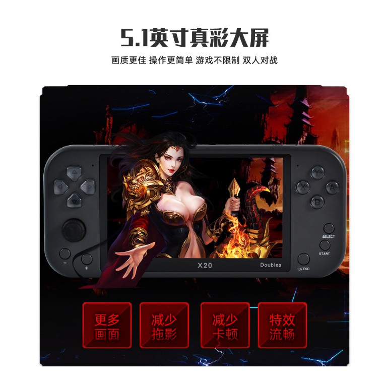 Máy chơi game X20, màn hình 5.1inch chơi game PS1, NES, SNES, CPS, GBA, SEGA...có cổng HDMI, kết nối tay cầm phụ...