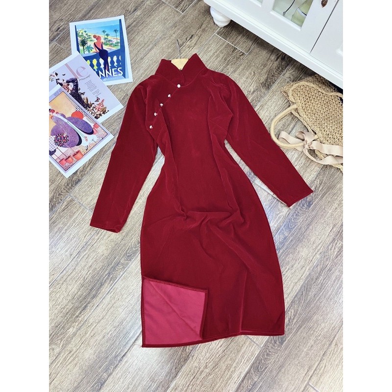 Đầm thiết kế đầm nữ nhung đỏ sườn xám mặc diện tết dự tiệc dạo phố cực xinh mã [SƯỜN XÁM | BigBuy360 - bigbuy360.vn