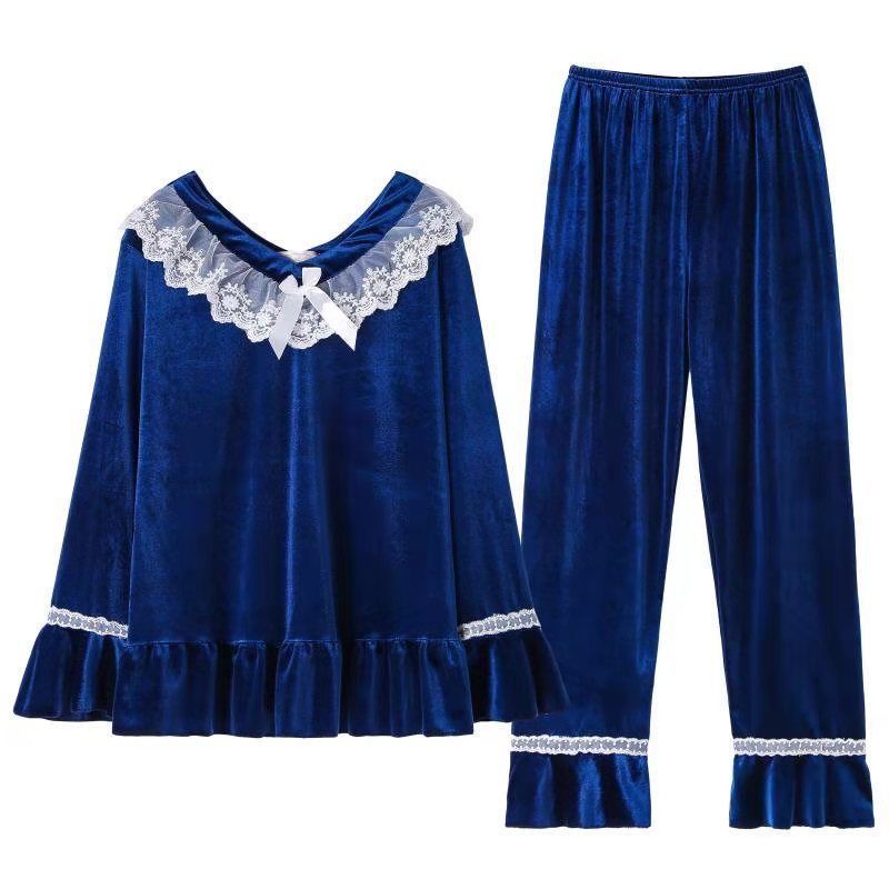 Bộ đồ ngủ vải nhung phối ren phong cách Hàn Quốc sang trọng thời trang xuân thu cho nữ