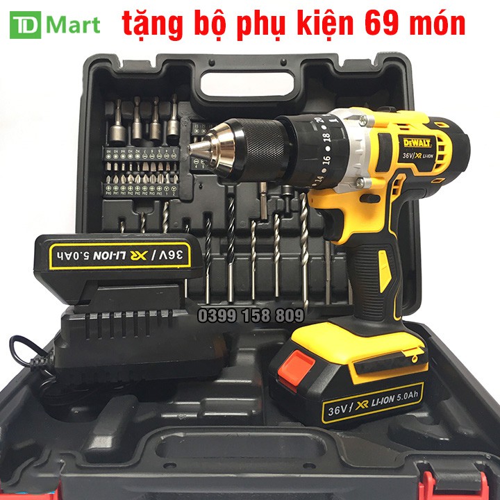 Máy Khoan Pin DEWALT 36V  3 Chức Năng, 2 Pin - Động cơ 775 TẶNG BỘ PHỤ KIỆN 69 chi tiết