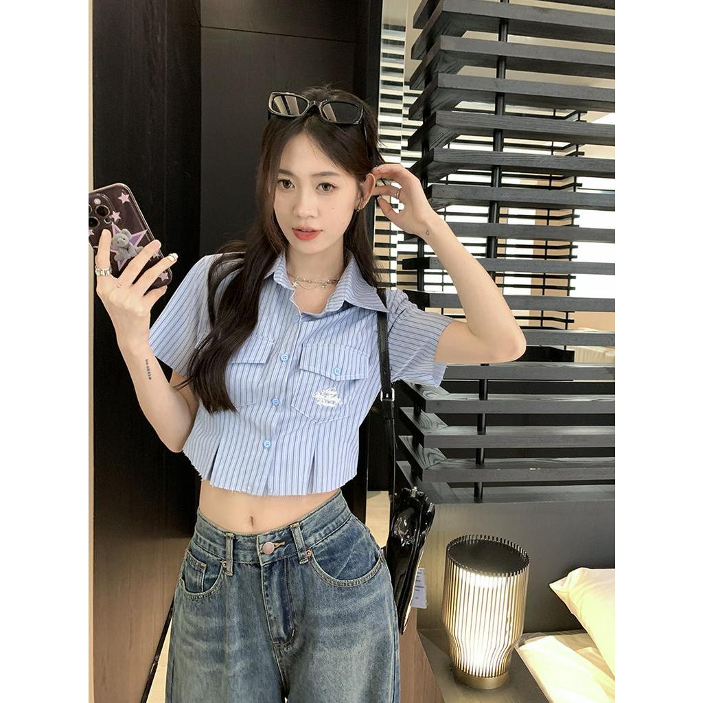 Áo Sơ Mi Kẻ Sọc Ngắn Tay Dáng Ôm Phong Cách Preppy 63497