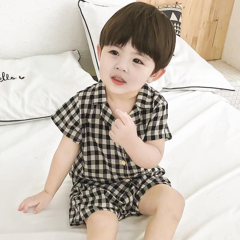 Bộ Pijama, Bộ Kẻ Caro Cộc Tay, Phong Cách Hàn Quốc, [Xanh Dương, Đen, Nâu] Cho Bé Size Từ 10-25kg