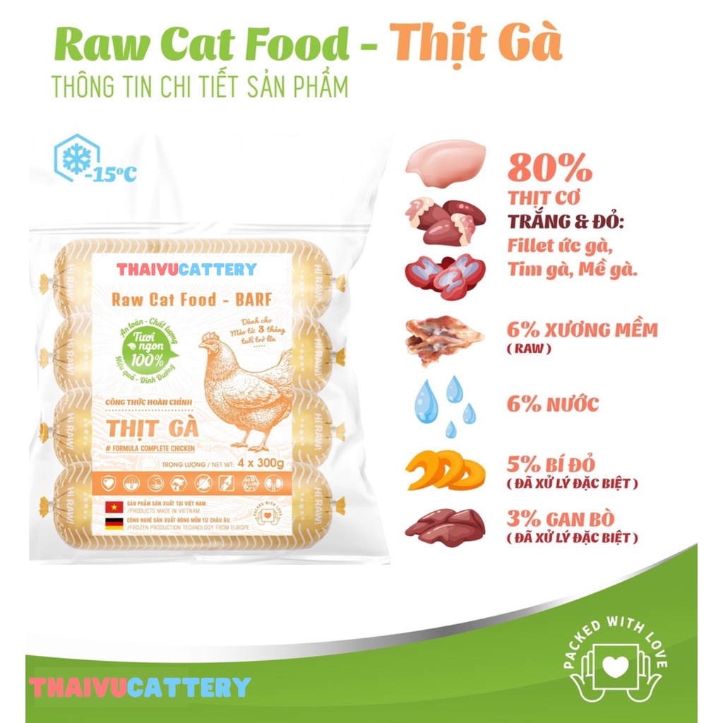 Thịt tươi sống cho mèo - Raw Cat Food chế độ ăn hoàn chỉnh - 1 thanh 500gr size cực to - Thaivucattery