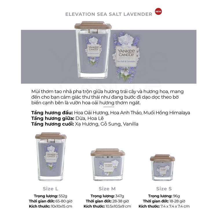 Nến ly vuông Elevation Yankee Candle size M - Sea Salt Lavender (347g)