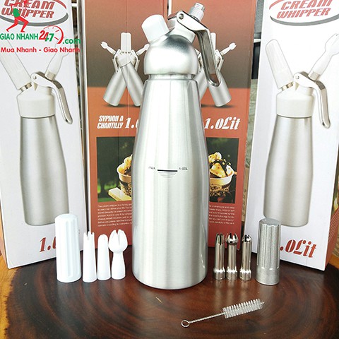 Bình xịt kem inox 304 loại 1 lít - 6 đầu xịt theo bình - Dùng xịt kem tươi, làm bánh, làm cafe đá xay