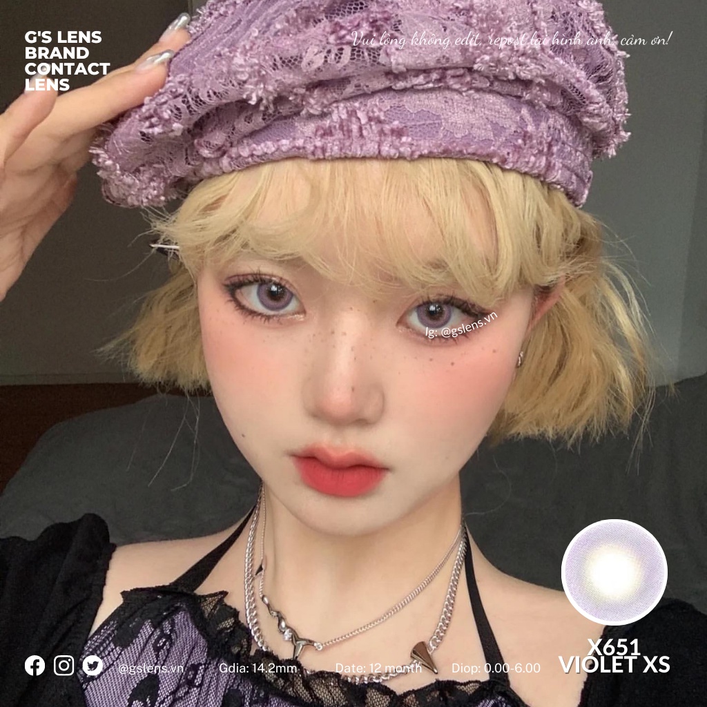 Lens Mắt Kính Áp Tròng Tím Tây Sáng Không Giãn X651 Violet Có Từ 0 Đến 6 Độ Lệch Độ Size Xs 14mm