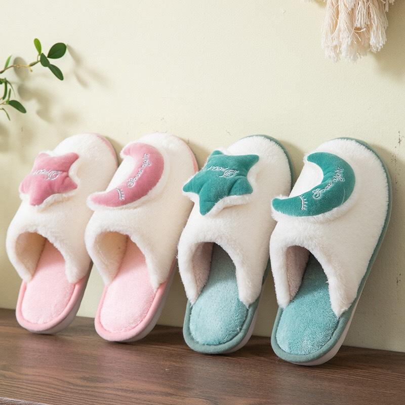 Dép bông nữ, dép đi trong nhà họa tiết Moon & star siêu ấm chống trơn, lông mềm mượt xinh sắn SC02
