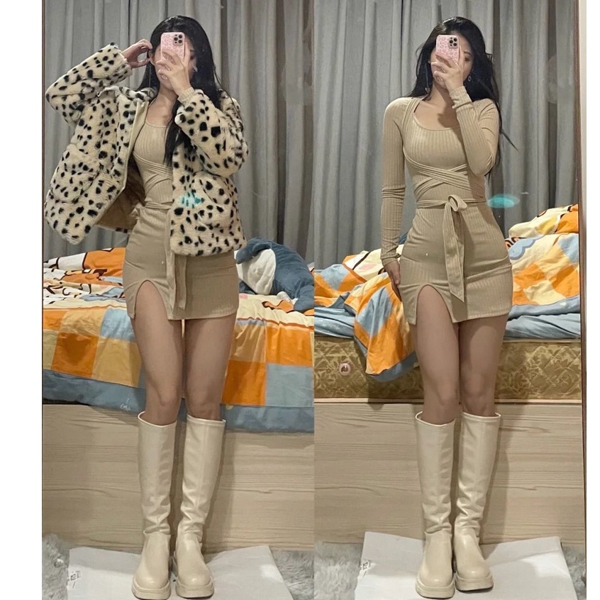Váy đầm Váy Dệt Kim Thắt Dây Eo Ôm Hông Gợi Cảm Phong Cách Yujie Cho Nữ