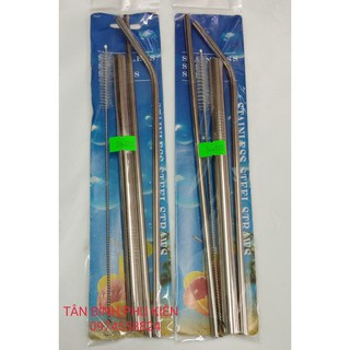 Combo 3 ống hút thẳng, cong, trà sữa inox trắng + cọ rửa