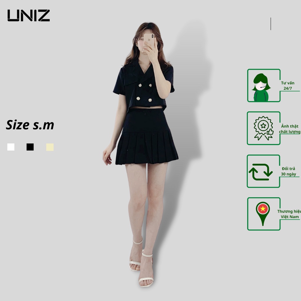 [ảnh thật ] sét vest chân váy xếp ly + áo cỏ vest đính nút Uniz