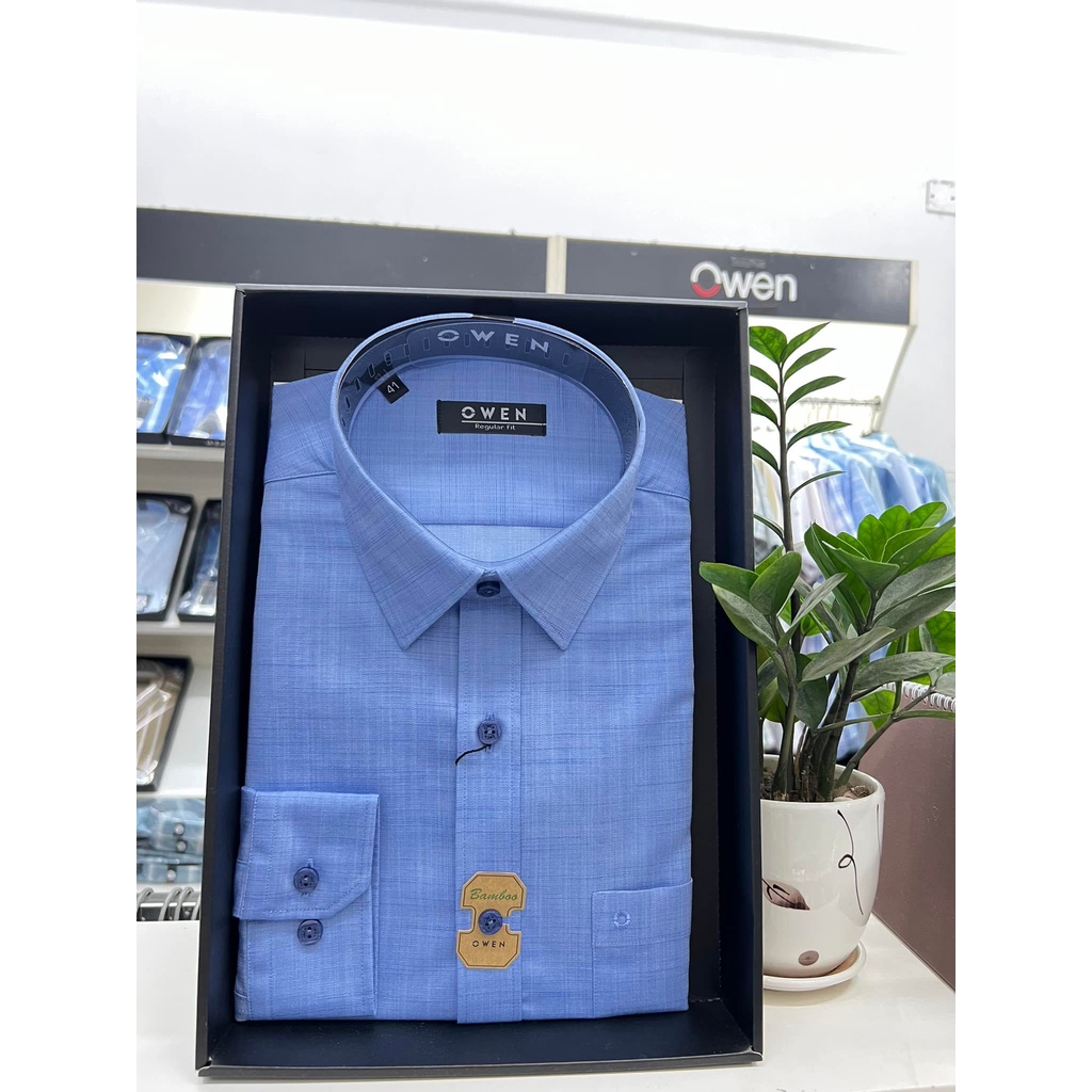 Áo Sơ Mi Nam Dài Tay OWEN AR220009DT Somi Công Sở Cao Cấp Màu xanh slub ngang Dáng Suông Có Túi Chất Vải Sợi Tre Mềm Mát