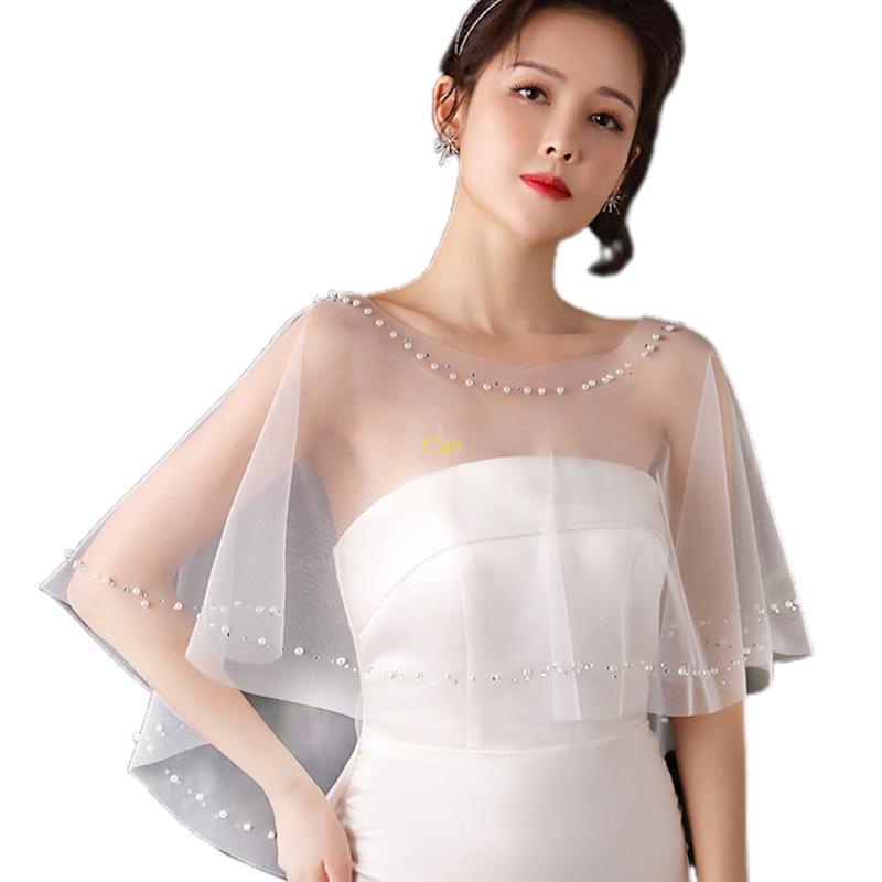 Áo Choàng Vải Tuyn Trong Suốt Đính Hạt Không Dây Dành Cho Nữ Dự Tiệc Cưới