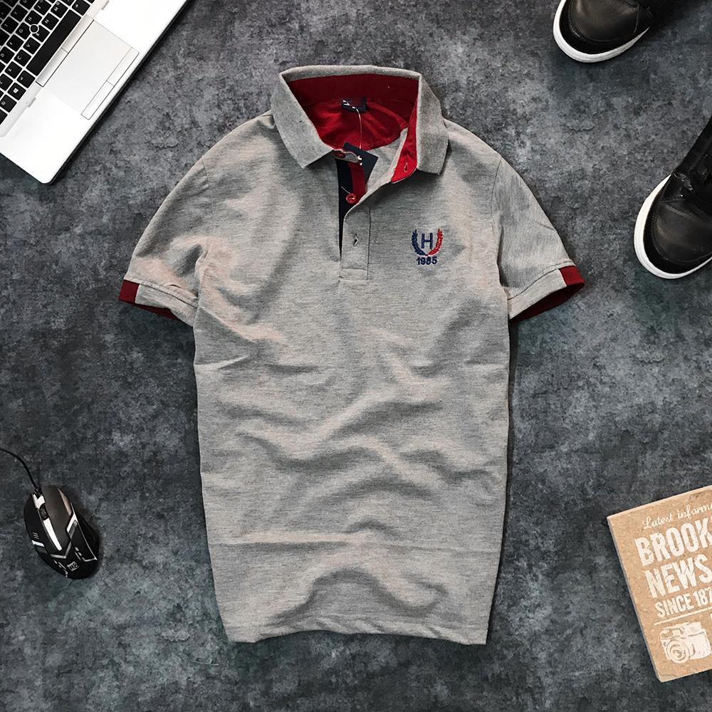 ÁO THUN NAM CỔ BẺ MÀU TRƠN THÊU BÔNG LÚA - hình thật- SPS046 | BigBuy360 - bigbuy360.vn