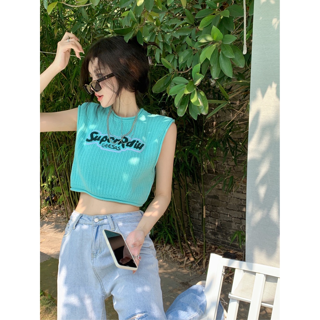 Cocory vn Áo Croptop Sát Nách Hoạ Tiết Chữ Thêu Hợp Thời Trang Cho Phái Nữ